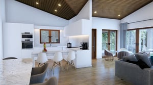 kitchen and living room in wooden house